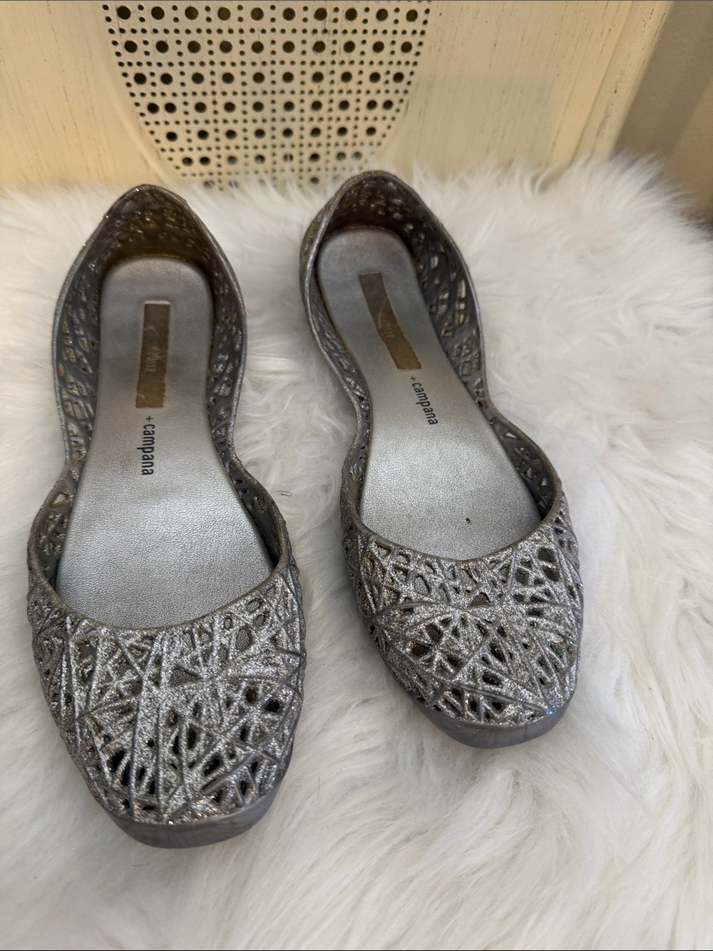 Campana Melissa Women's Glitter Cutout  jelly Flats in Silver Sz- 8